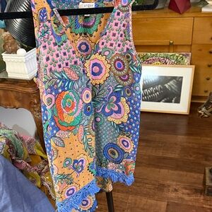 Umgee Pink Blue Yellow Floral Patchwork Camisole with Fringe